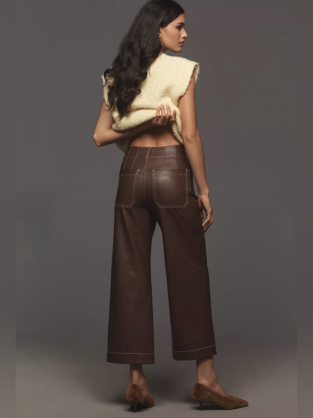 Maeve Cropped Faux-Leather Wide-Leg Pants in Dark Brown - Picture 2 of 13